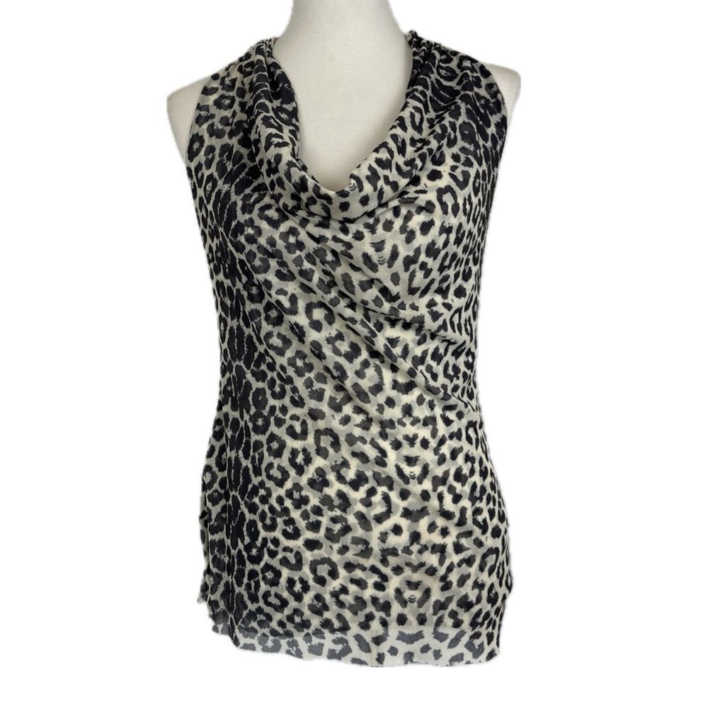 Sweet Pea Y2K 90s Mesh Leopard Print Cowl Neck Top Sz L Sleeveless Grunge Office